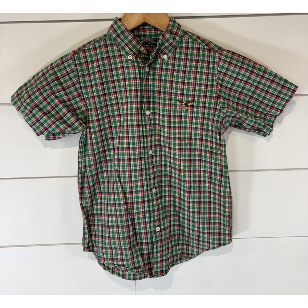 American Living Button Down Collared Shirt Red Green Plaid Youth Size 7